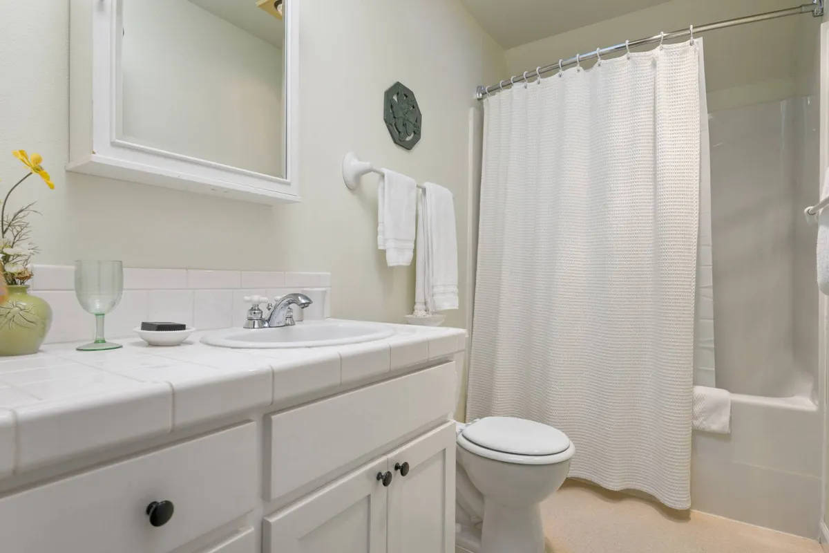 A fresh, tranquil bathroom scene with a sink, mirror, flower vase, and shower curtain. Soft lighting and thoughtful details evoke relaxation and practicality for guests' routines.